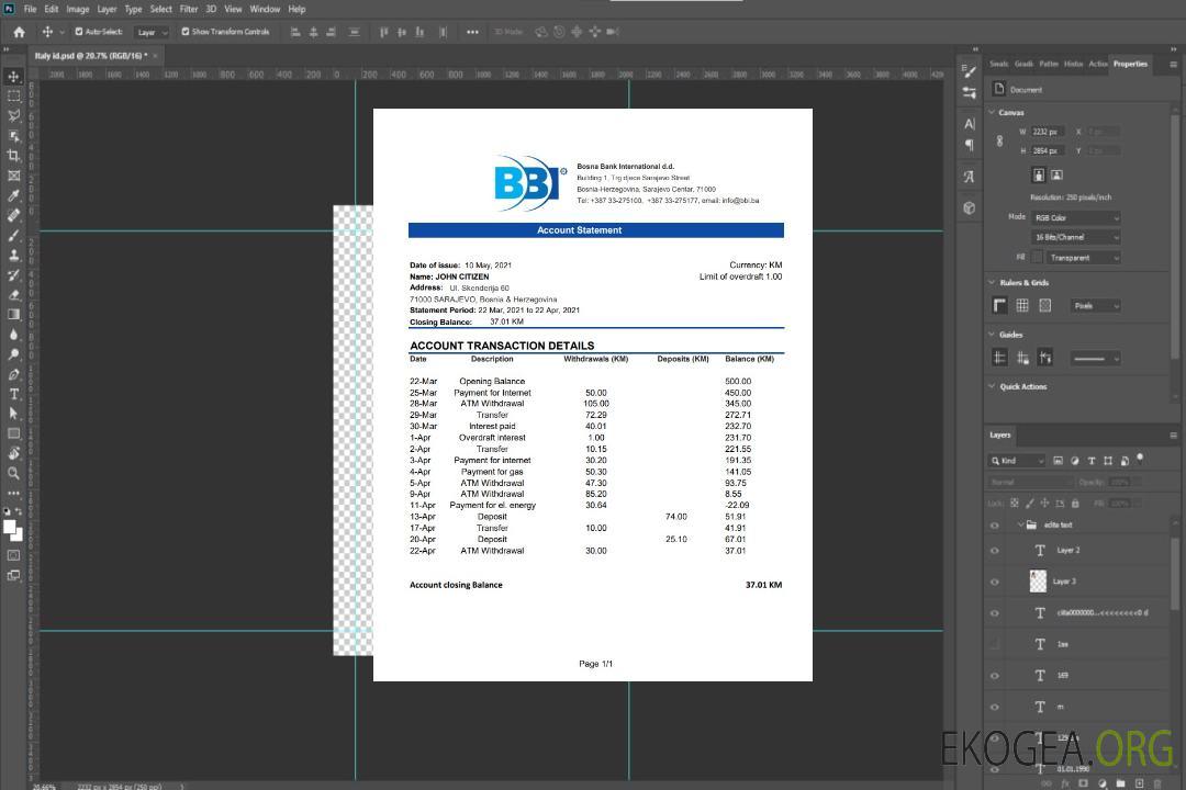 Bosnie-Herzégovine Modèle de relevé bancaire international de Bosna Bank International facile à remplir au format Excel et PDF (AutoSum) template